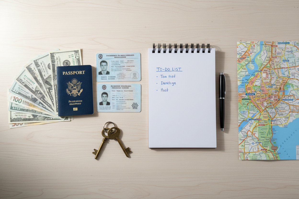 
Cash
Copies of identification documents
Notepad
Pen
Spare keys
Local map
All on a table