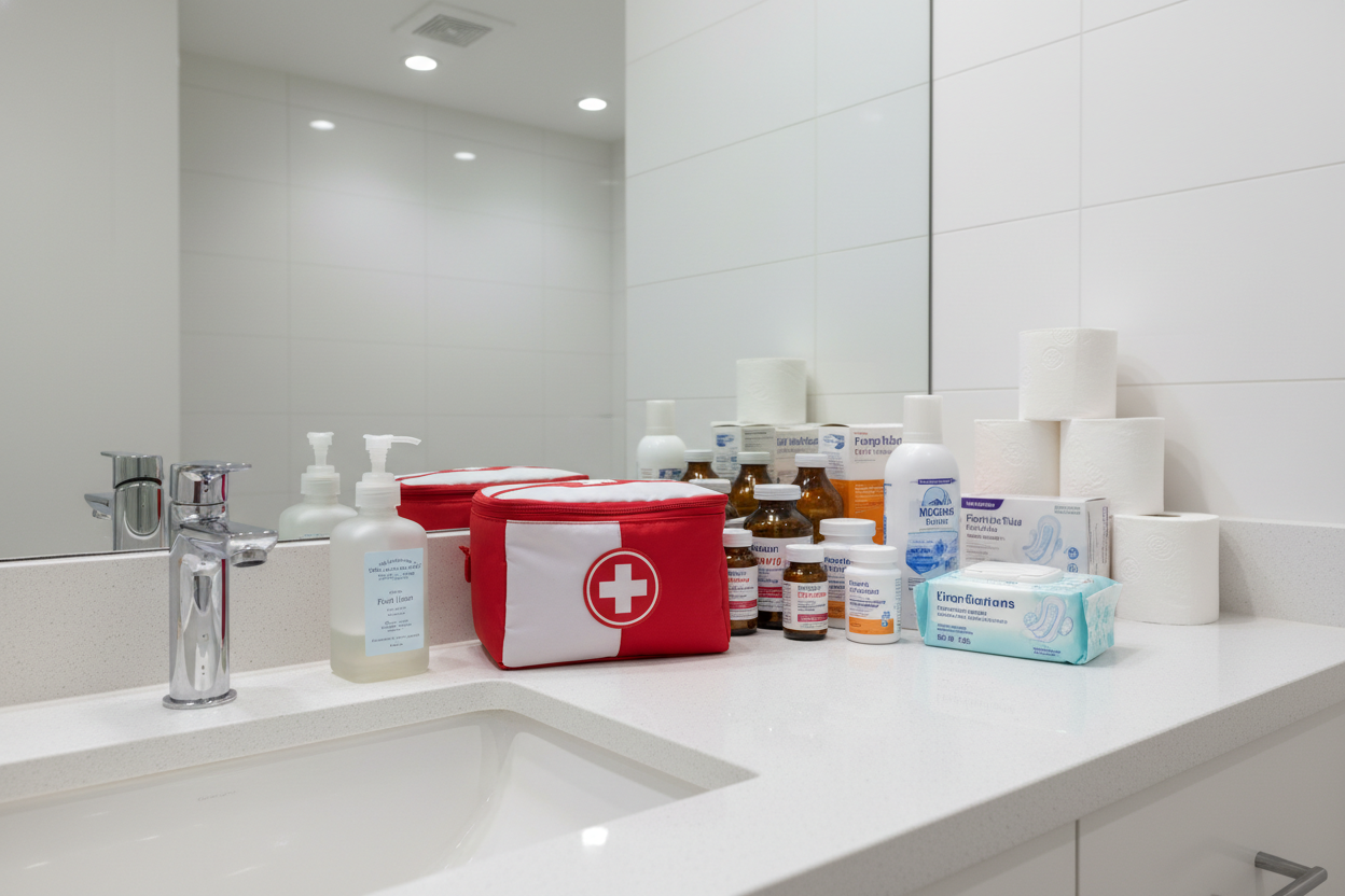 First aid bag
Medications
Sanitary pads
Disinfectant
Wet wipes
Hand soap
and Toilet paper
All on sink in bathroom