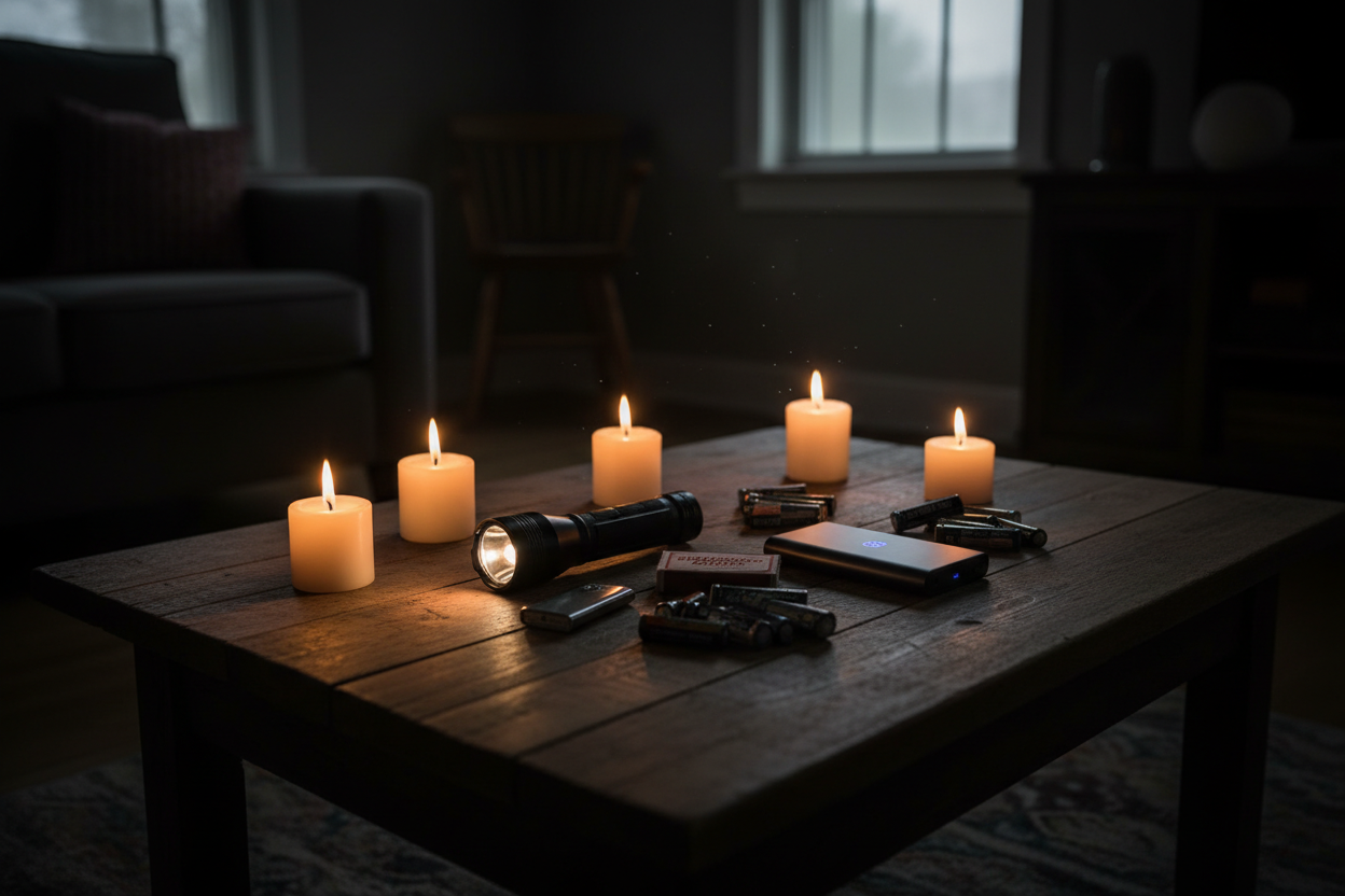 Flashlight
lighted Candles 
waterproof Matches, a lighter
Batteries
Rechargeable power bank
all placed on a coffee table, lights out
