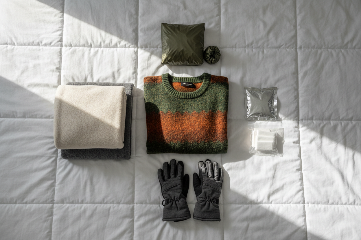 flat lay of: Warm clothing
Blankets
Rain poncho
winter gloves
Non-electric heat source
all laid down on a bed