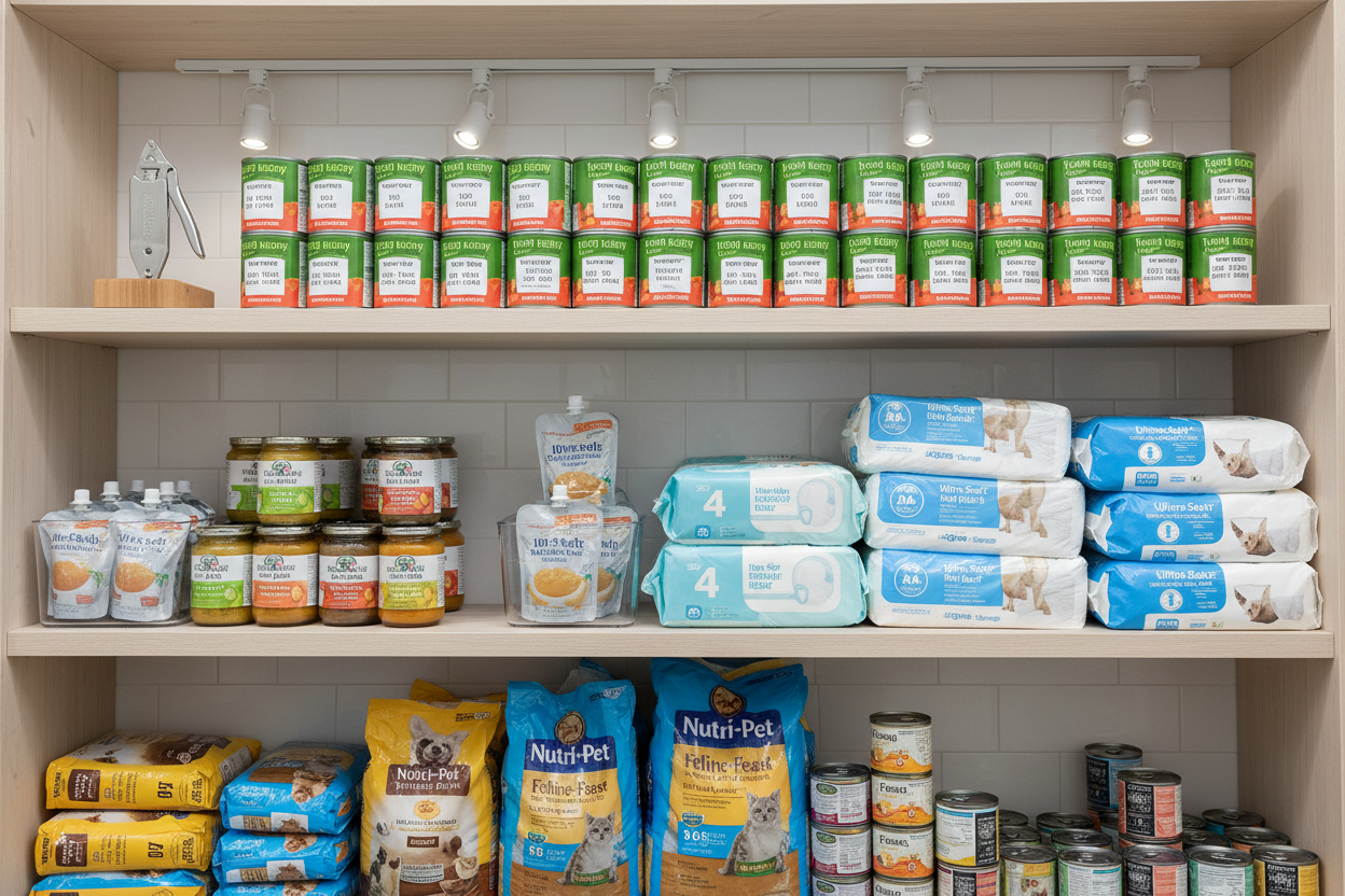 Long-shelf-life food in cans
Manual can opener
Baby food
Baby care products
Pet food
: All placed on shelves
